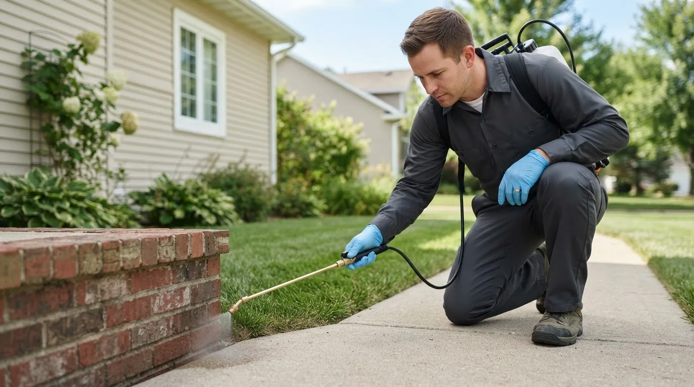 Pest control technician treating a home near Brownstown, IL