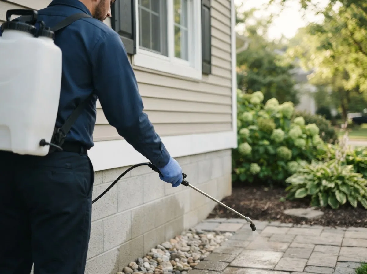 Pest control technician inspecting a home in Brownstown, IL